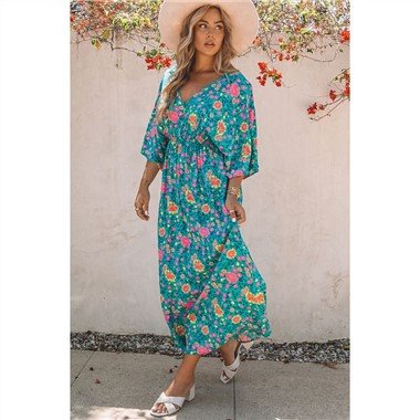 Gúna Maxi Floral Glas Boho Deep V Muineál